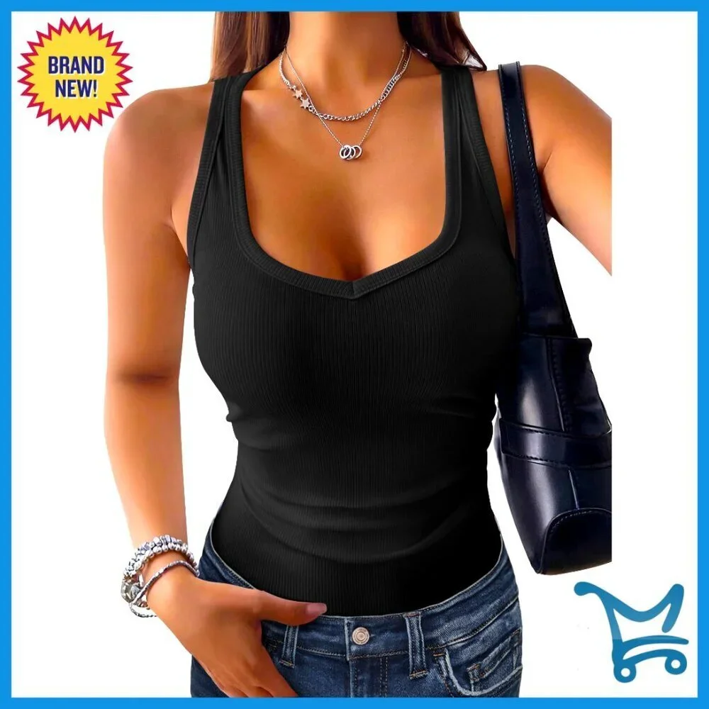 Ribbed Tank Top Scoop Neck Y2K Workout Tee Sleeveless Casual Vacation Wear